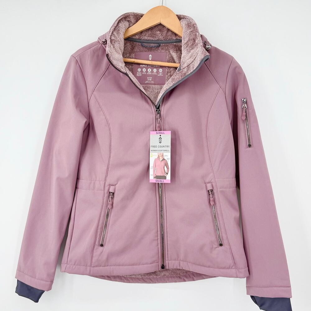 NWT Free Country Softshell Jacket Small Pink Hooded Fleece Lined Water Resistant